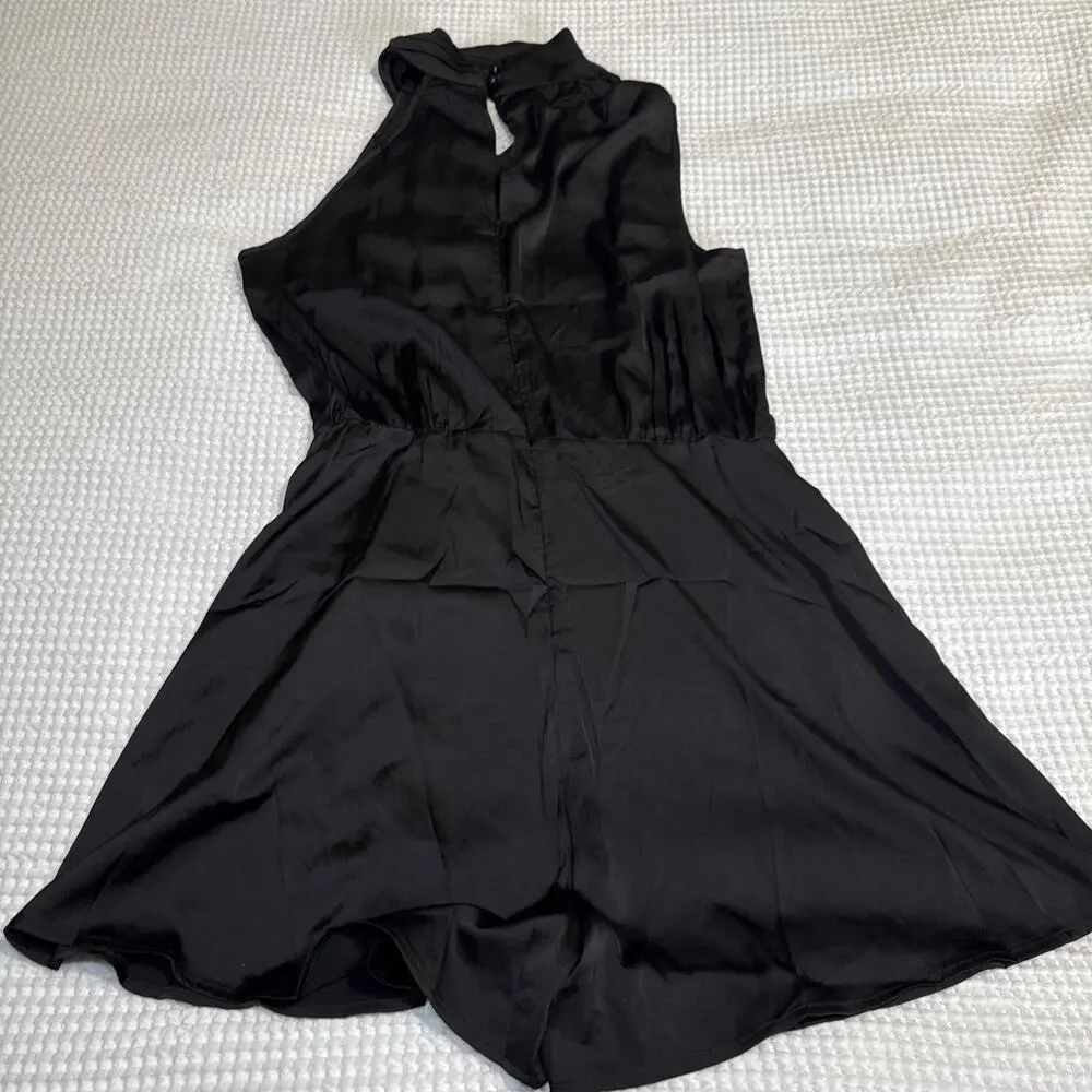 BTFBM Womens Satin Mock Neck Sleeveless Summer Shorts Romper Solid Black Lg NWT